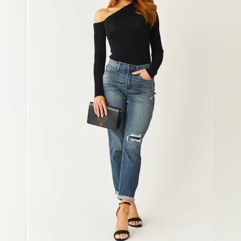 Judy Blue High Rise Patched Knee Slim Straight Cuffed Boyfriend Fit Jeans 24 - Picture 4 of 17